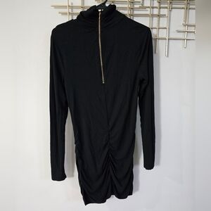 Grace Black Long Sleeve Ruched Turtleneck Dress with Gold Zipper